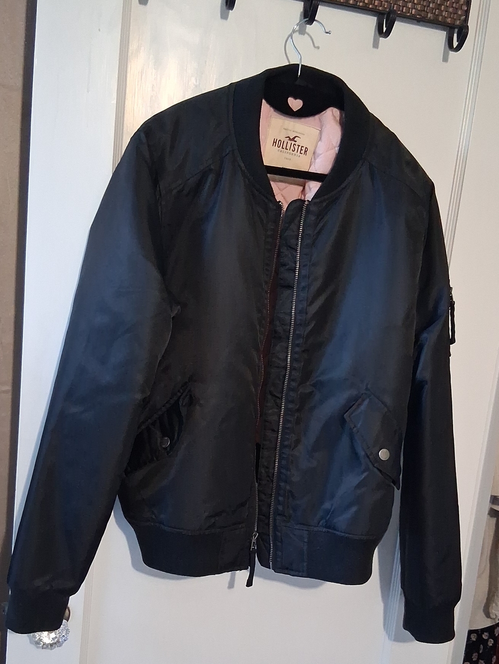 Hollister Black Bomber Jacket with Pink Lining
